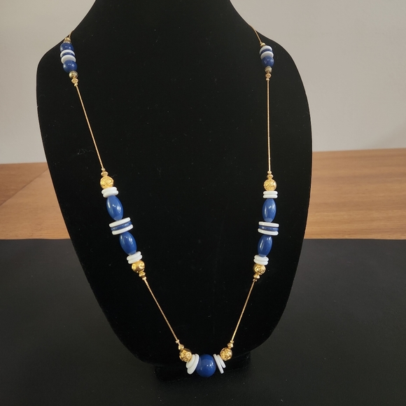 Unbranded Jewelry - Vintage Style Long Beaded Necklace in Blue White Gold Made in Korea